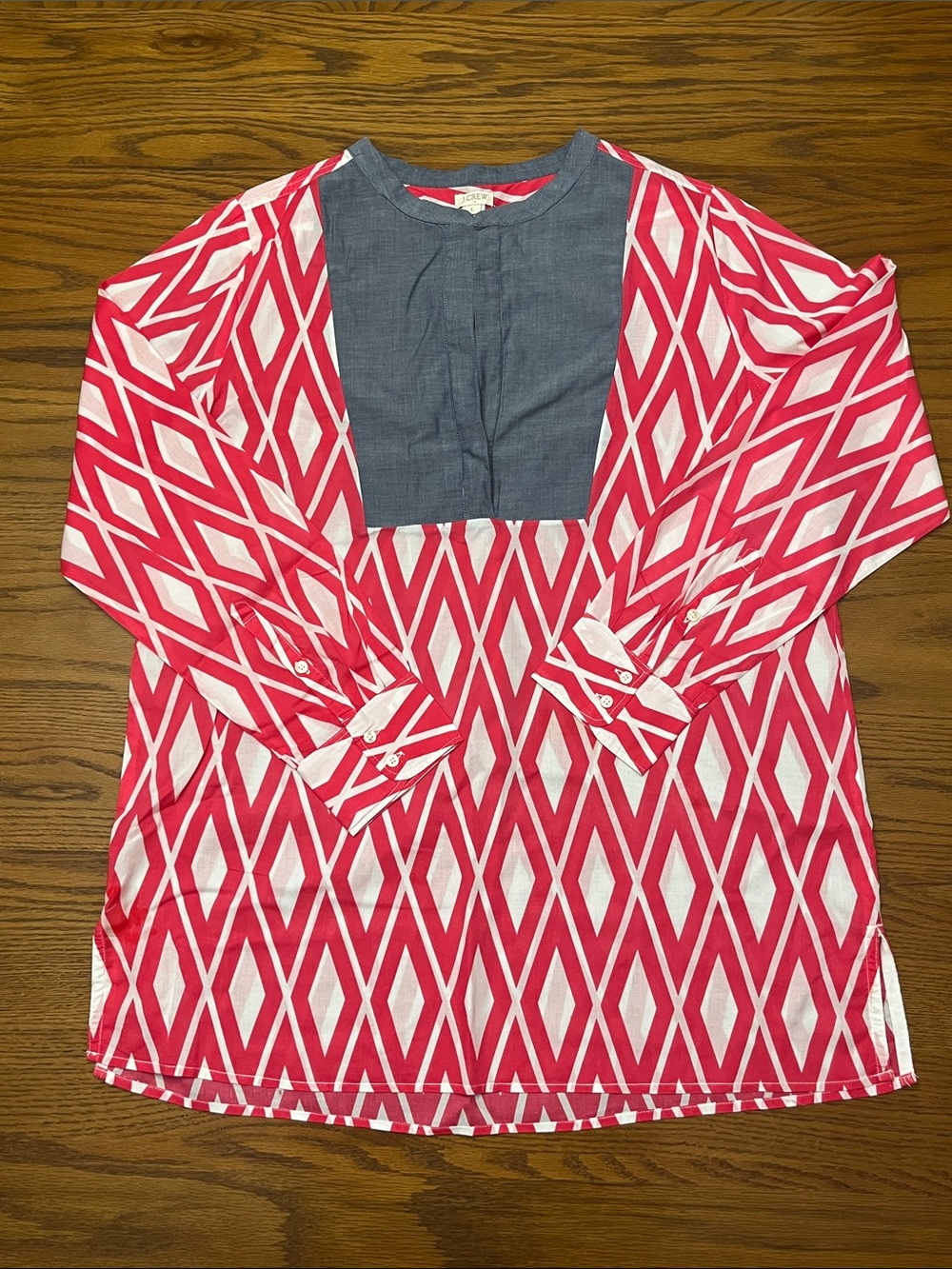 J.Crew Pink Geo Print Tunic Top with Chambray Yoke